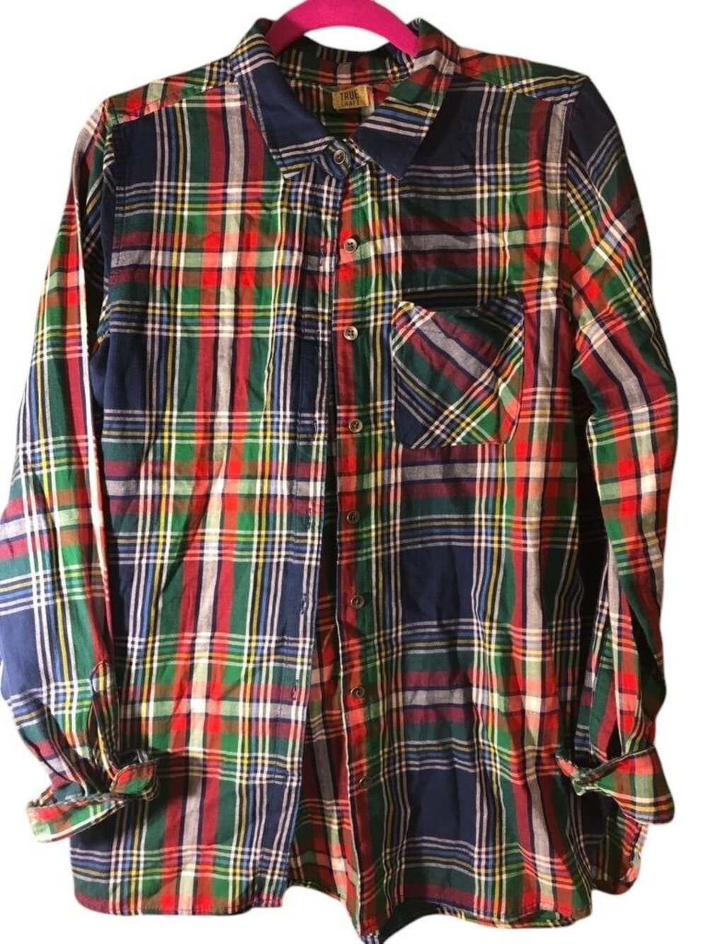 True Craft 100% Cotton Red Blue Green Yellow Striped Plaid Collared Shirt Sz S